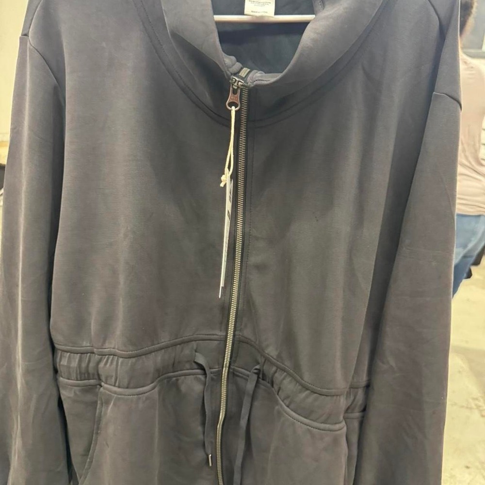 Dark Gray Charcoal Full Zip Hoodie Drawstring Waist Front Pockets